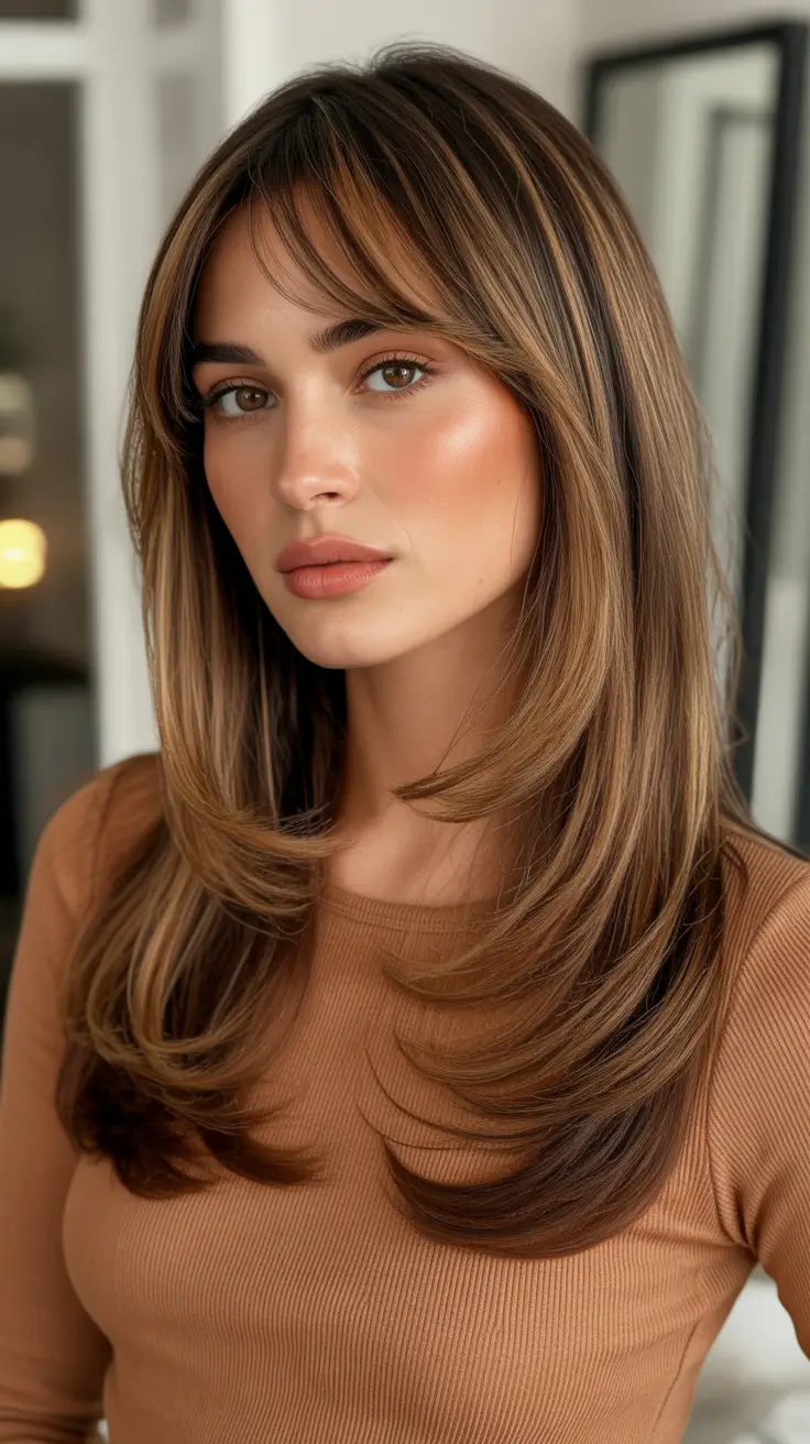 Stylish straight hair looks 2026 Layered Blowout With Soft Curtain Bangs