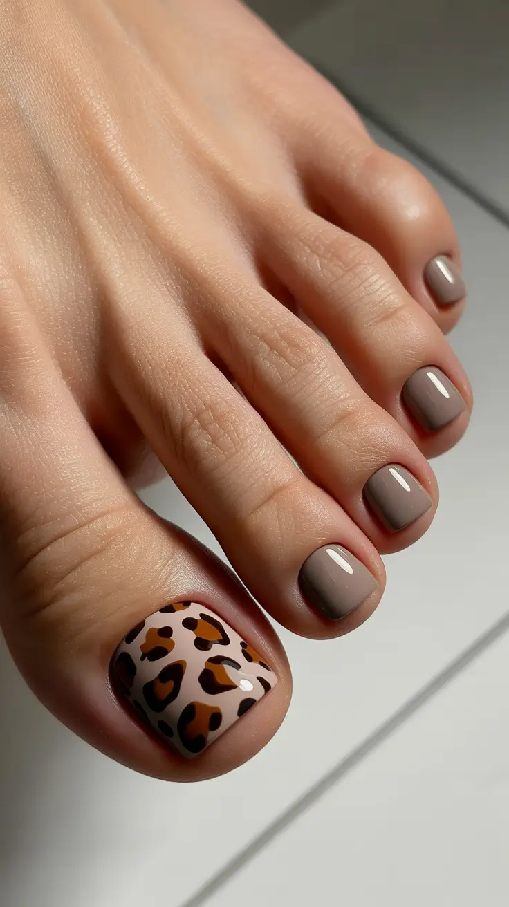 trendy toe nails 2026 Neutral Taupe With Leopard Accent Energy