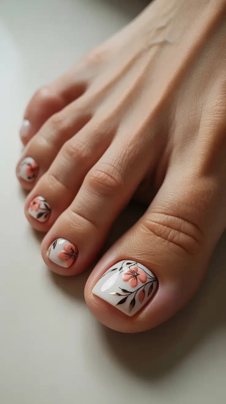 trendy toe nails 2026 Milky White Florals With Peachy Petal Details