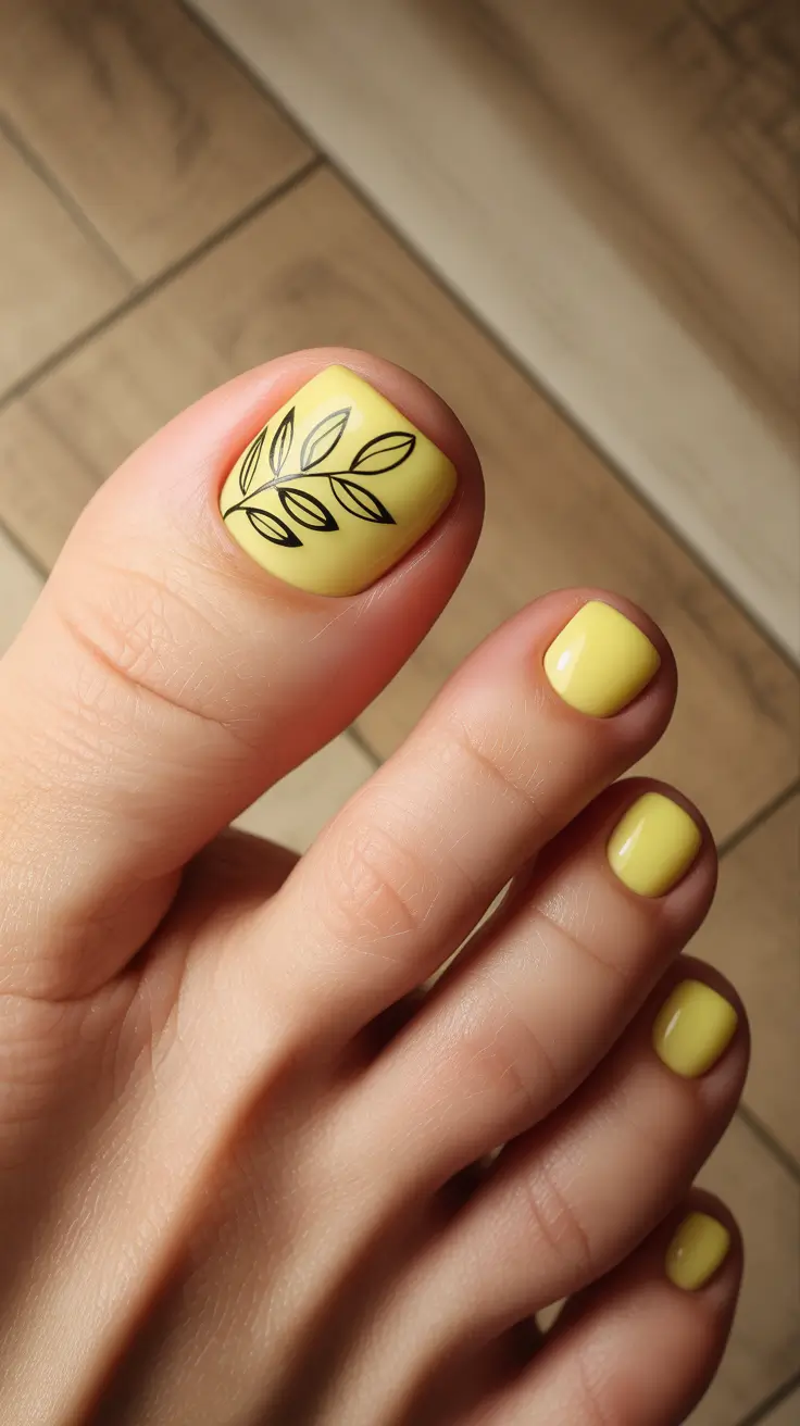 trendy toe nails 2026 Soft Lemon Minimalism With Inked Leaf Accent