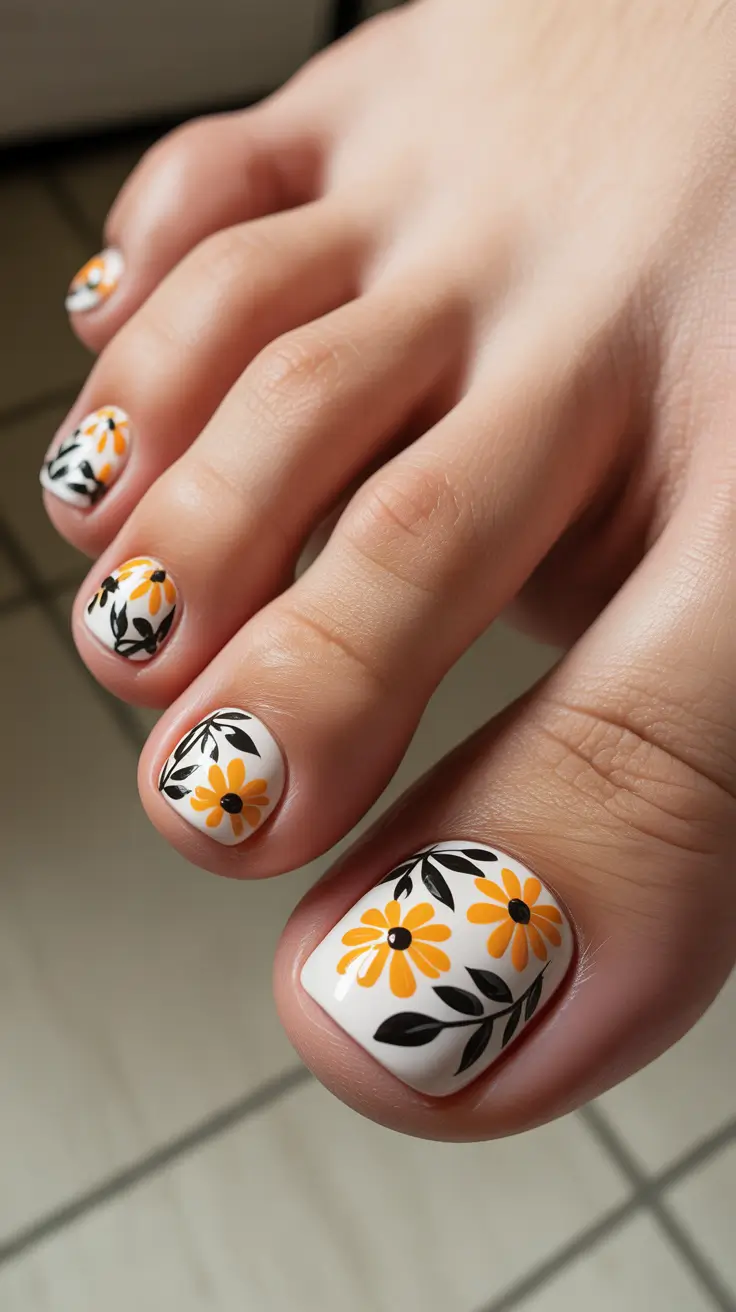 trendy toe nails 2026 Sunny Daisies On Crisp White
