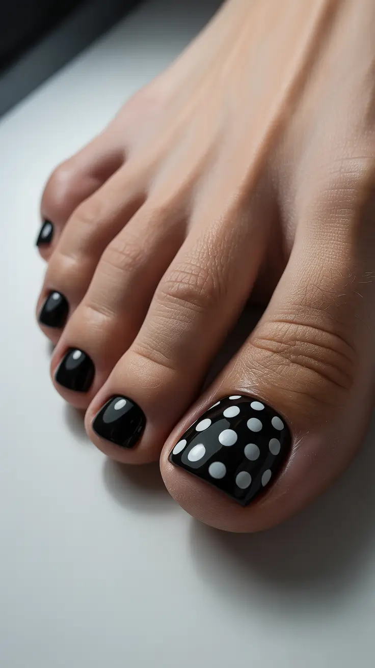 trendy toe nails 2026 Glossy Black With Polka Dot Drama