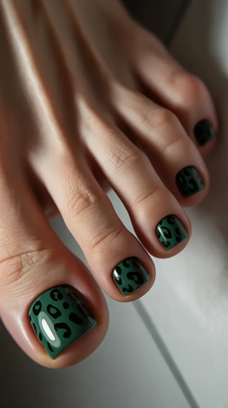 trendy toe nails 2026 Deep Green Leopard Minimal Moment