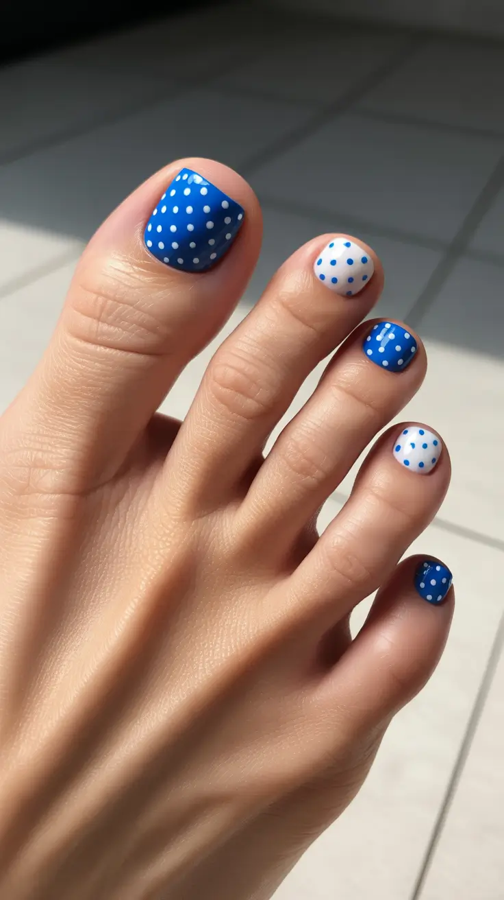 trendy toe nails 2026 Playful Coastal Polka Dots In Blue And White