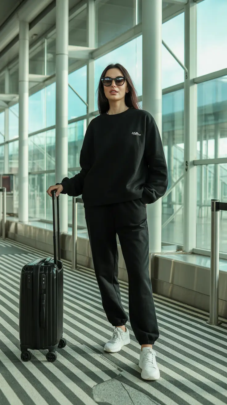 Travel outfit ideas 2026 All Black Lounge Set For Sleek Long Hauls