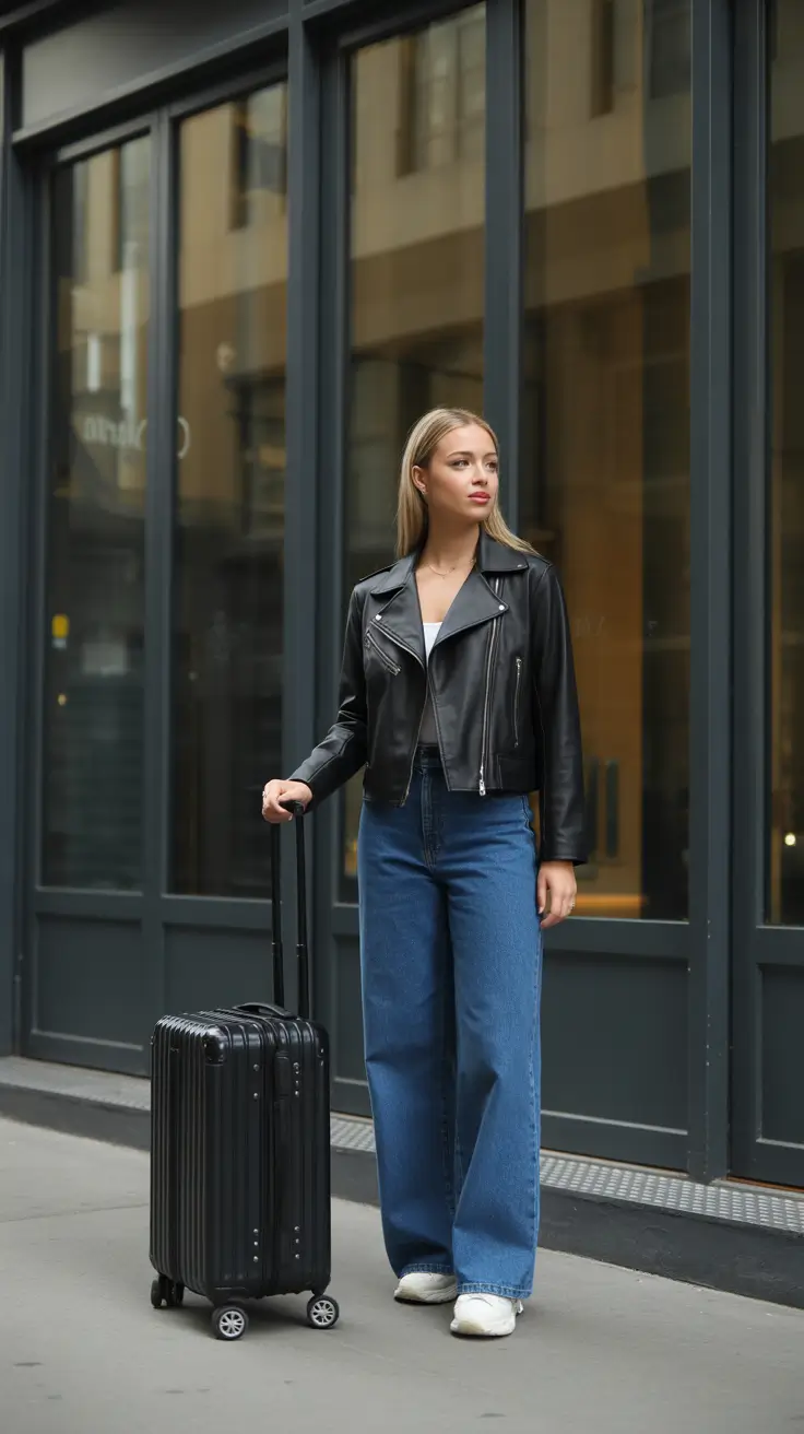 Travel outfit ideas 2026 Leather Jacket And Wide Leg Denim For Cool Girl Arrival Energy