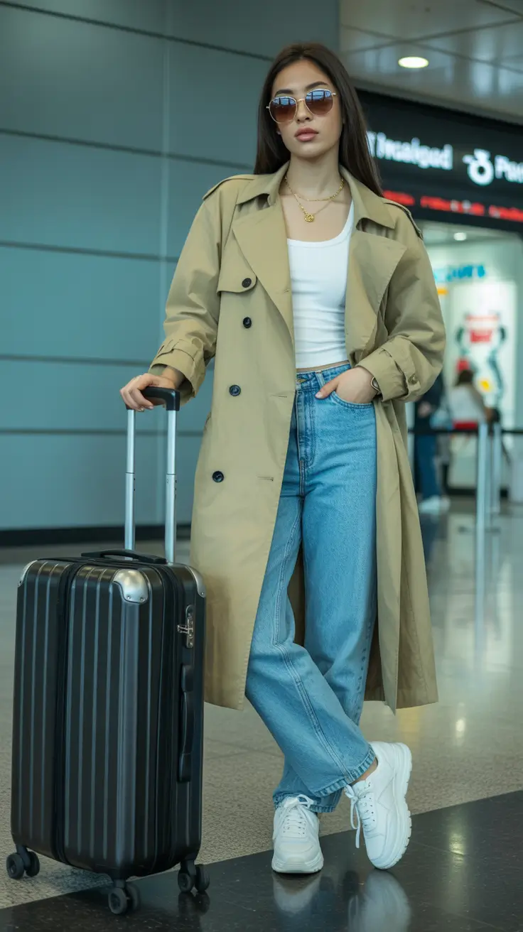 Travel outfit ideas 2026 Trench Coat And Wide Leg Denim For International Departures