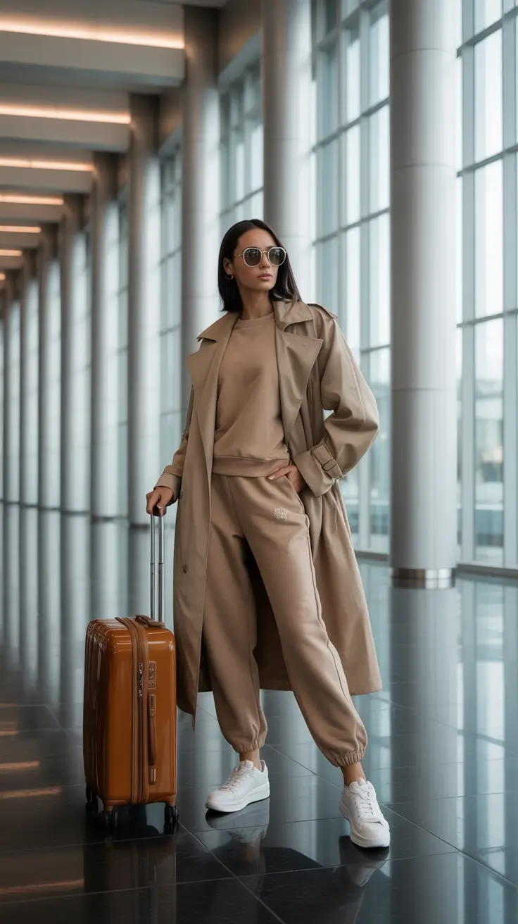 Travel outfit ideas 2026 Monochrome Tan Set With Trench For Polished Comfort