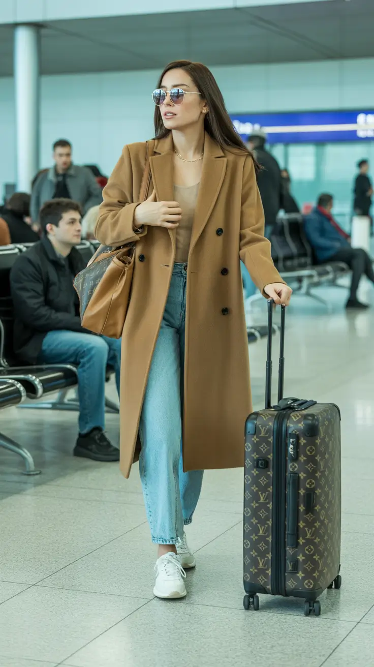 Travel outfit ideas 2026 Camel Coat And Straight Jeans Airport Uniform