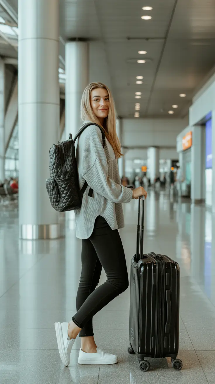 Travel outfit ideas 2026 Grey Sweater And Leggings For A No Fuss Flight