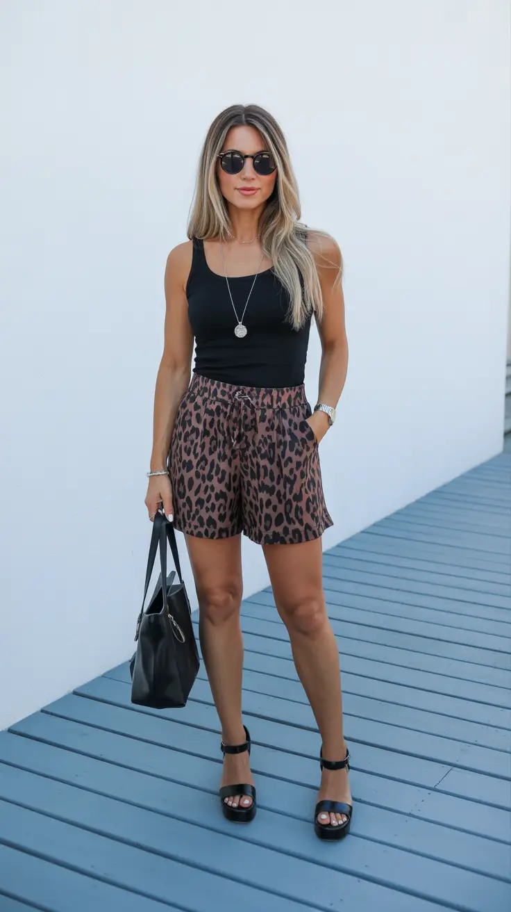 Stylish Vacation Outfits 2026 - Black Tank And Leopard Shorts For A Chic Vacation Night