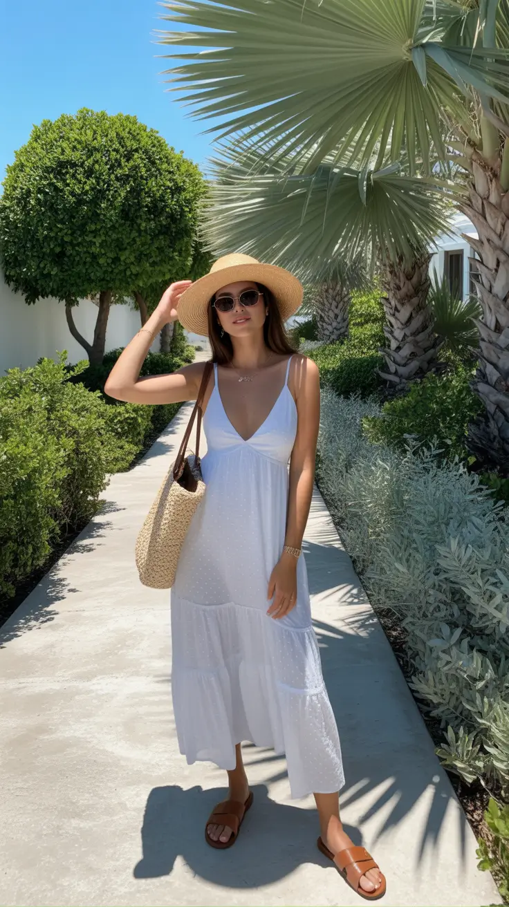 Stylish vacation outfits 2026 - White Sundress And Straw Hat For Palm Lined Walks