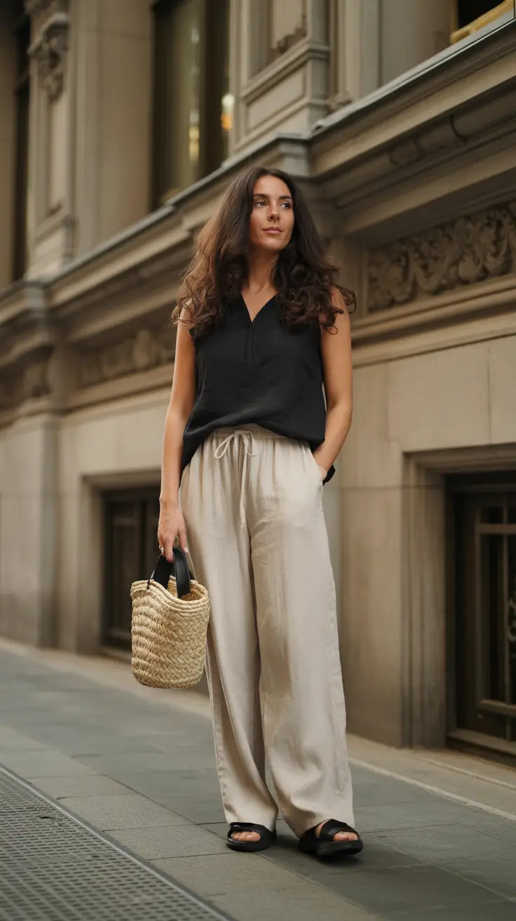 Stylish vacation outfits 2026 - Black Top And Linen Pants For Chic City Wandering