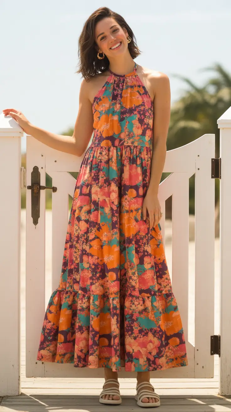 Stylish vacation outfits 2026 - Bold Halter Maxi For Color Loving Getaways