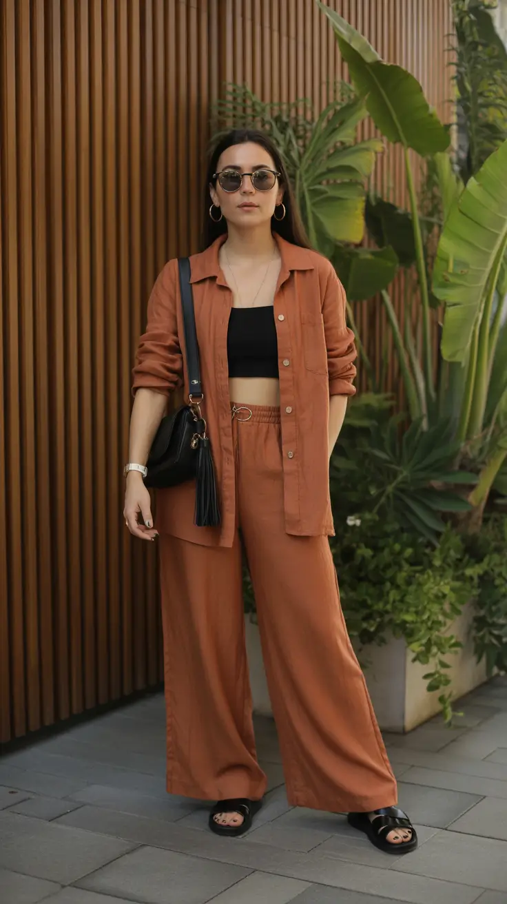 Stylish vacation outfits 2026 - Rust Linen Suit Set For Cool Girl Tropical Nights