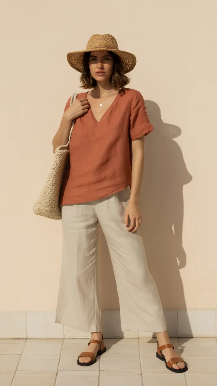 Stylish Vacation Outfits 2026 - Terracotta Linen Top And Cream Pants For Warm Air Days