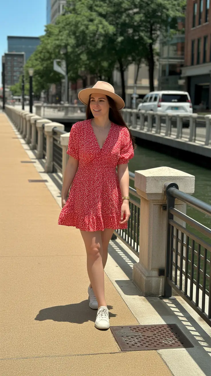 Stylish Vacation Outfits 2026 - Red Floral Mini Dress With Sneakers For City Exploring