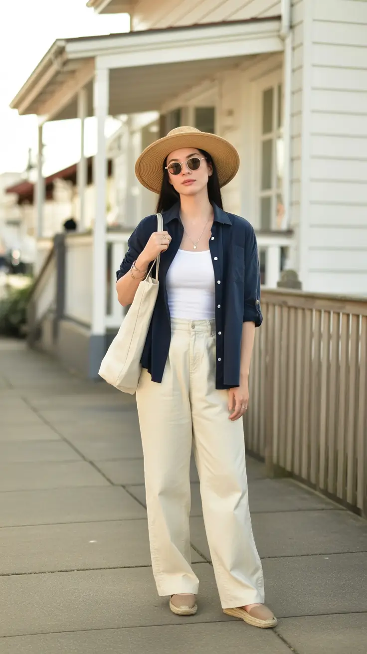 Stylish Vacation Outfits 2026 - Navy Overshirt And Wide Pants For Breezy Travel Days