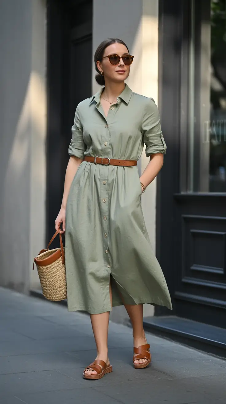 Stylish Vacation Outfits 2026 - Sage Shirt Dress With A Belted Waist And Quiet Confidence