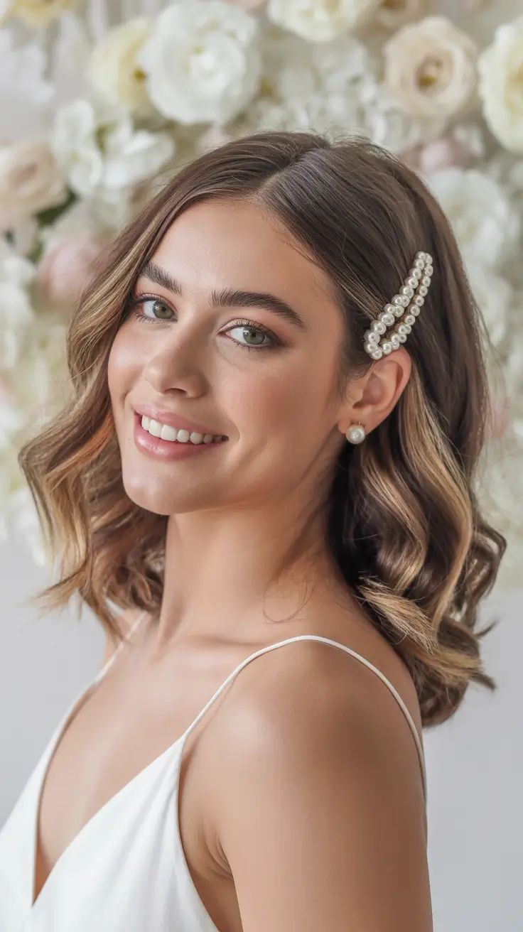 Wedding hair ideas 2026 Pearl-Clip Soft Waves For A Modern Romantic Bride