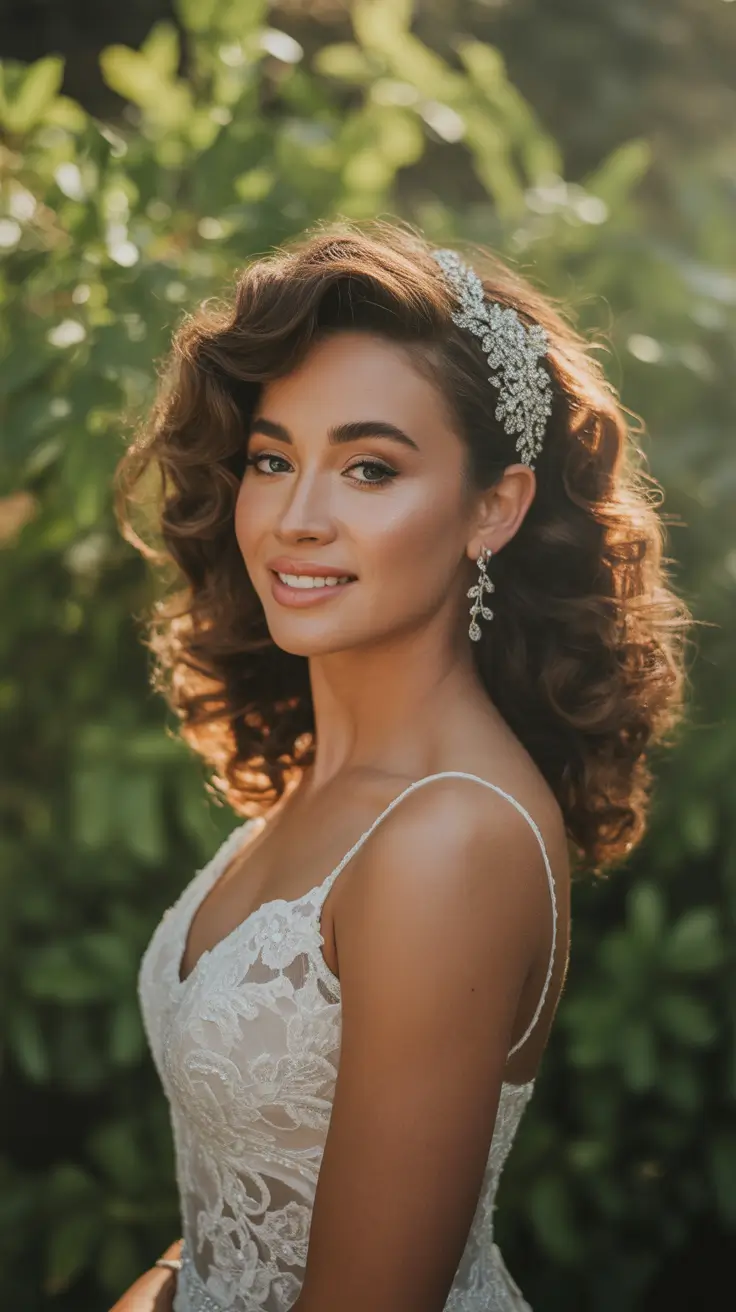 Wedding hair ideas 2026 Statement Side-Part Curls With A Sparkling Headpiece