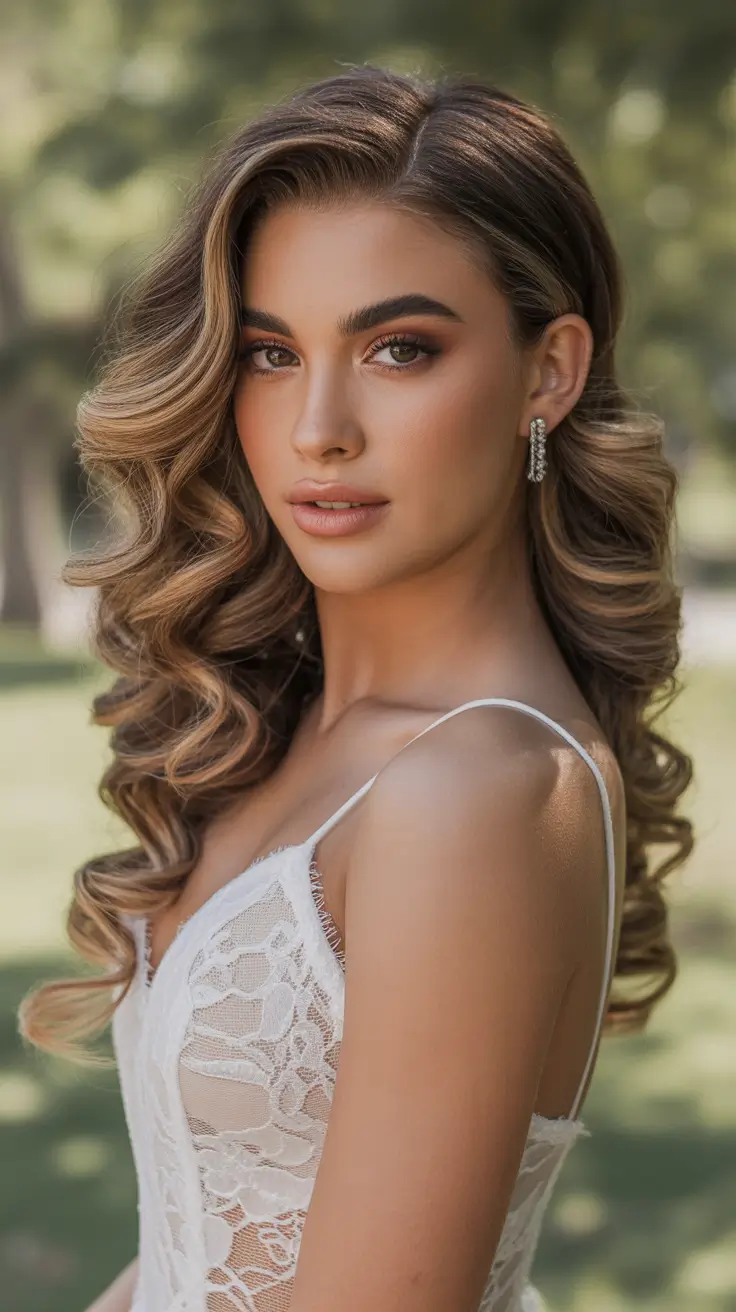 Wedding hair ideas 2026 Voluminous Glam Curls With A Deep Side Part
