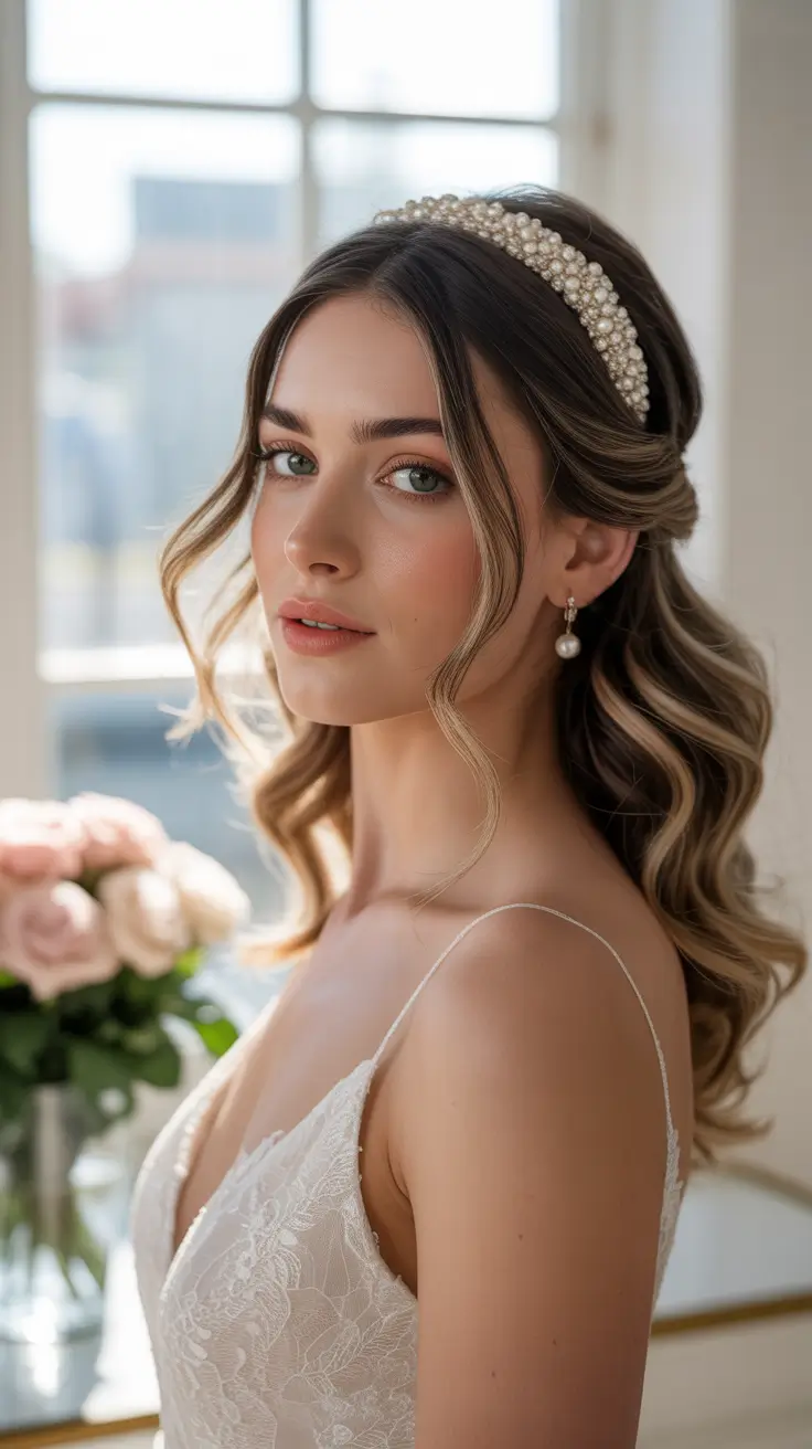 Wedding hair ideas 2026 Pearl Headband Half-Up Glam With Face-Framing Pieces