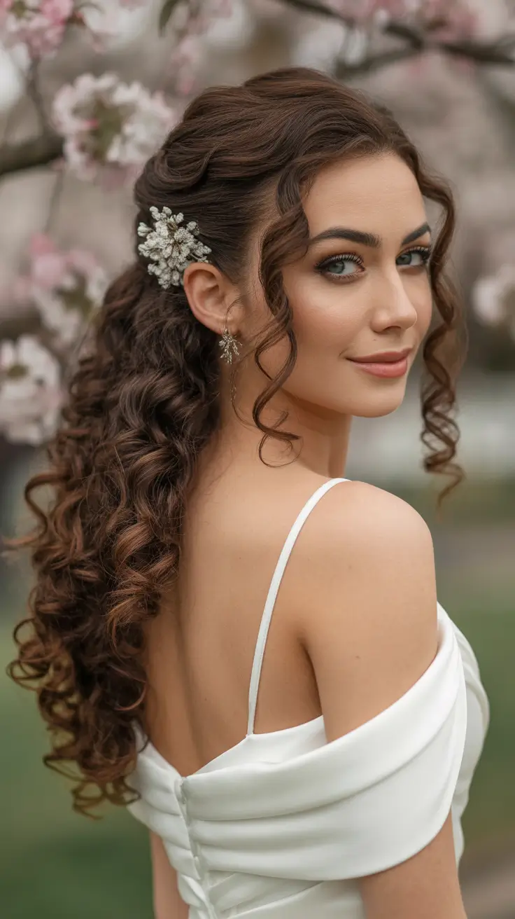 Wedding hair ideas 2026 Curly Half Up With A Sparkling Botanical Clip
