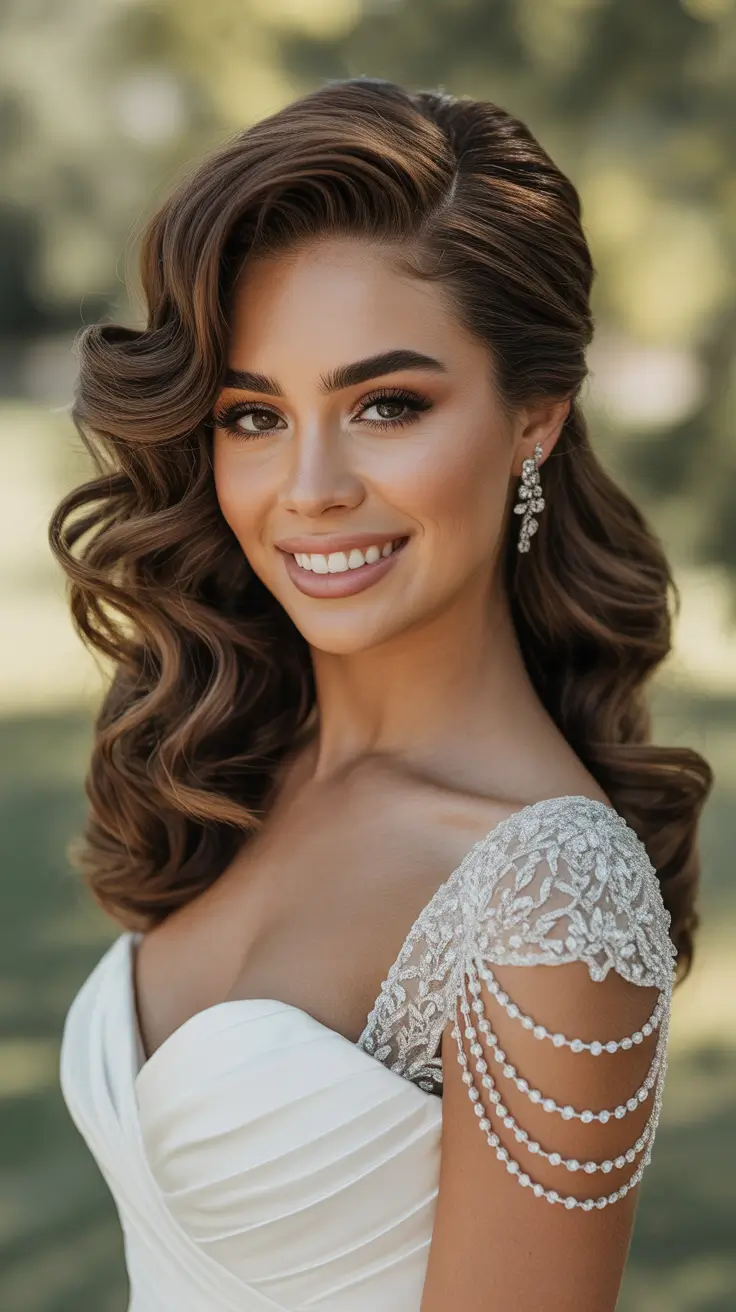Wedding hair ideas 2026 Side Swept Glam Waves With Vintage Lift