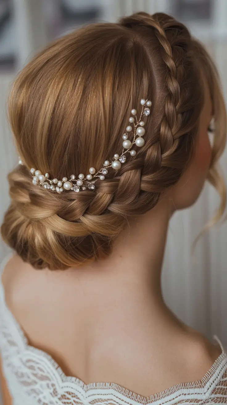 Wedding hair ideas 2026 Braided Crown Bun With Pearl Vine Details