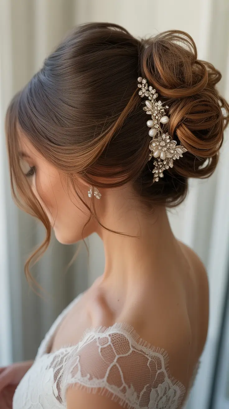 Wedding hair ideas 2026 Soft Twisted Updo With Floral Crystal Comb