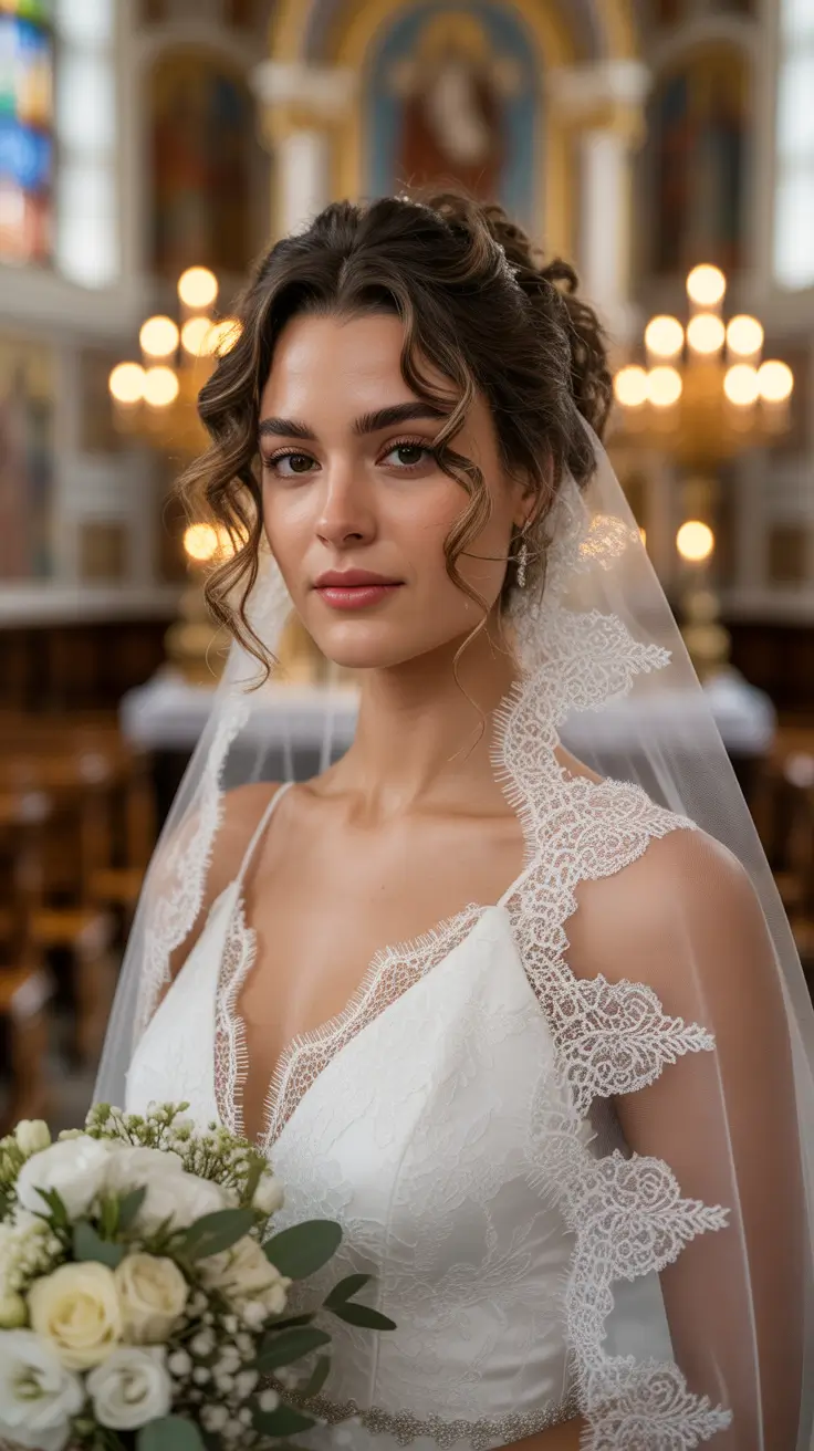 Wedding hair ideas 2026 Curly Tucked Updo With Lace Veil Drama