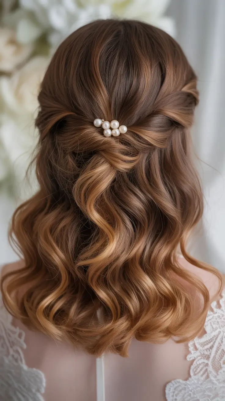 Wedding hair ideas 2026 Pearl Pinned Half Up Twist With Glossy Waves
