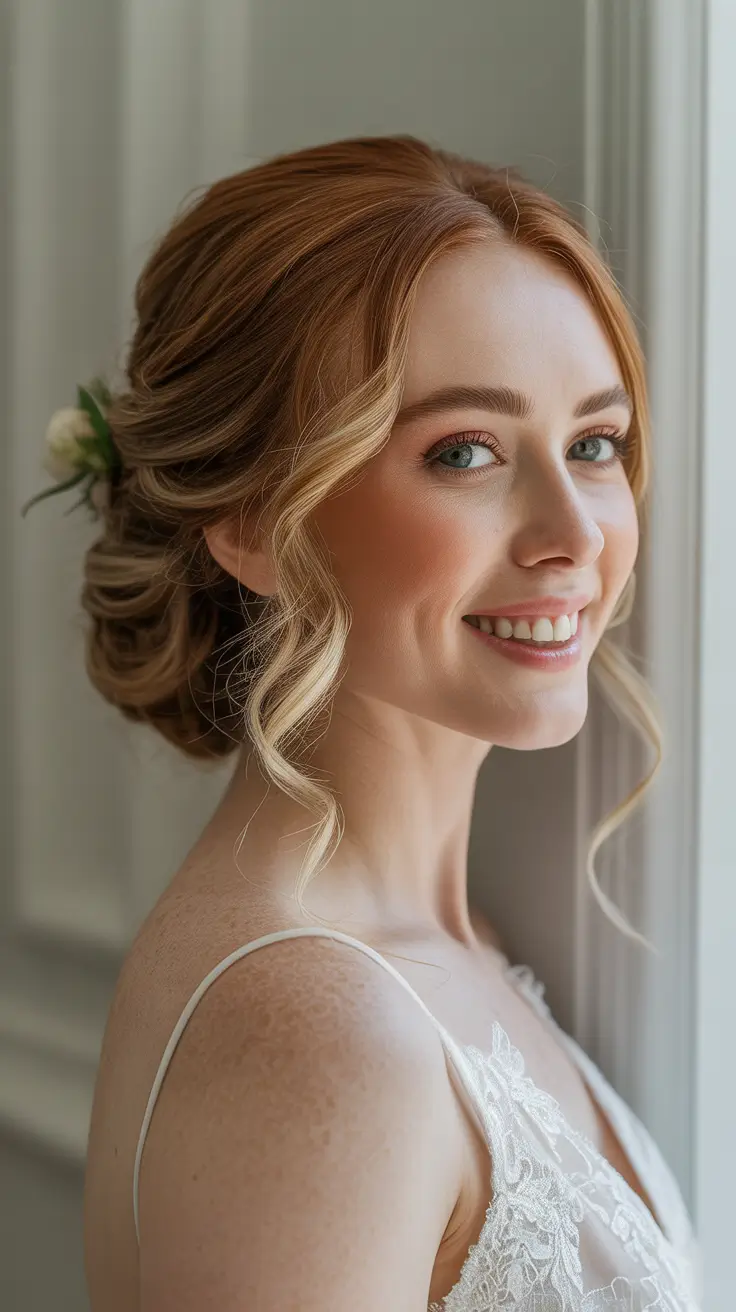 Wedding hair ideas 2026 Soft Low Chignon With Strawberry Blonde Glow