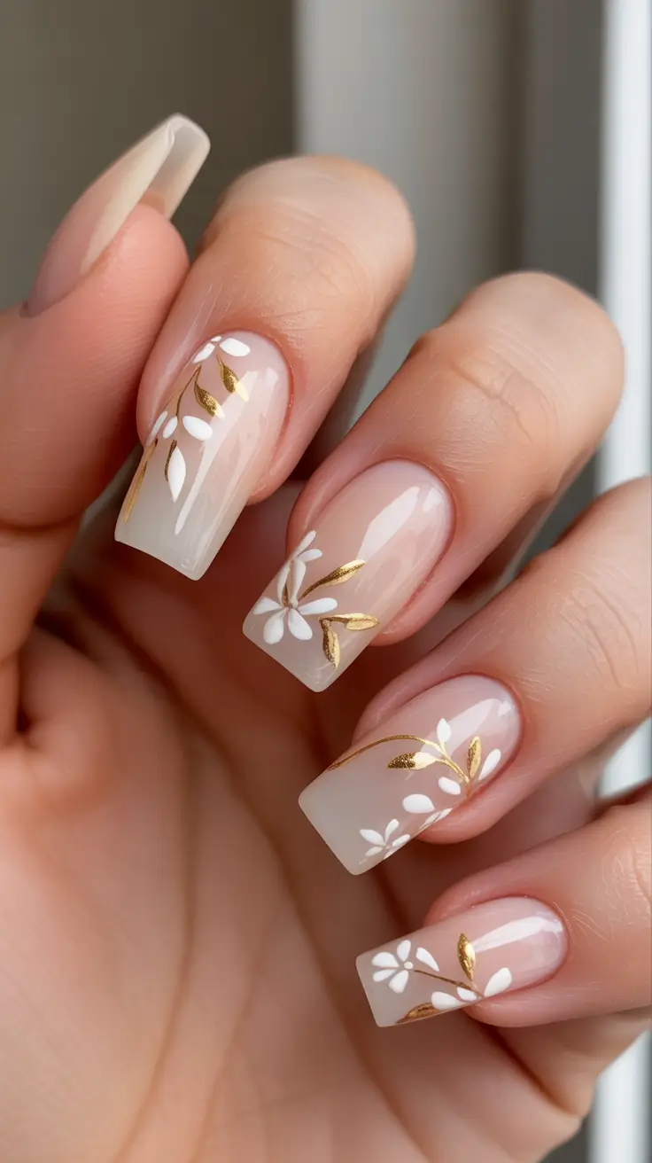 wedding nail designs for bride 2026 Soft Nude Square With White Blossoms And Gold Vines