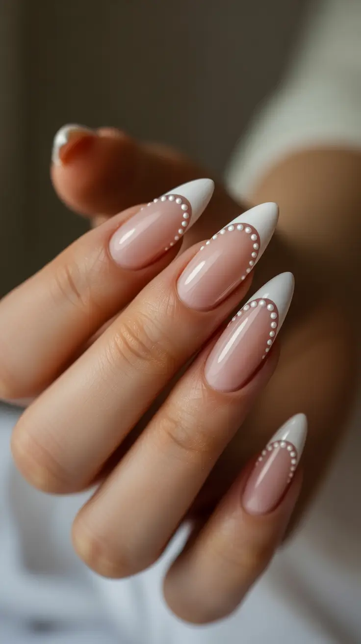 wedding nail designs for bride 2026 Almond French Tips With Pearl Dot Contour