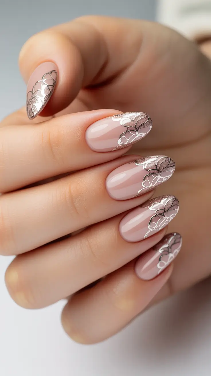 wedding nail designs for bride 2026 Silver Lace French On Blush Almond Nails