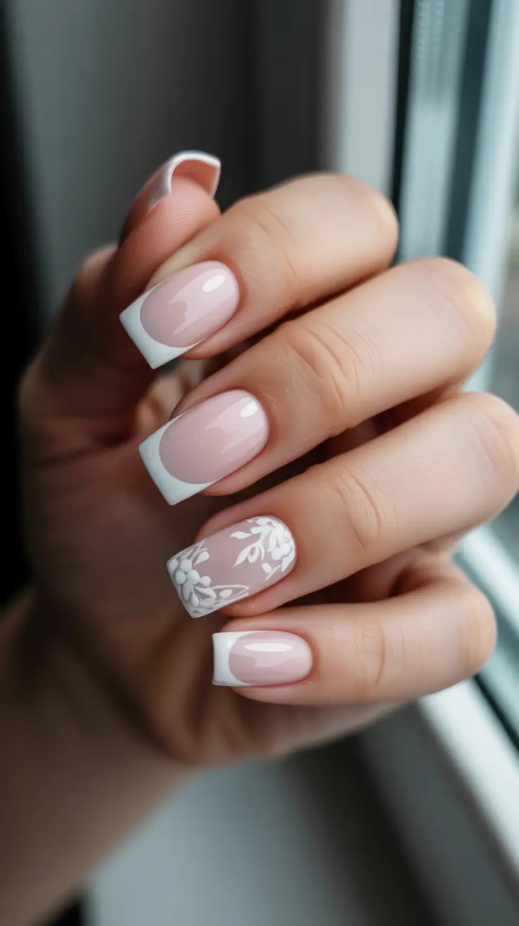 wedding nail designs for bride 2026 Short Square French With A Soft Floral Accent