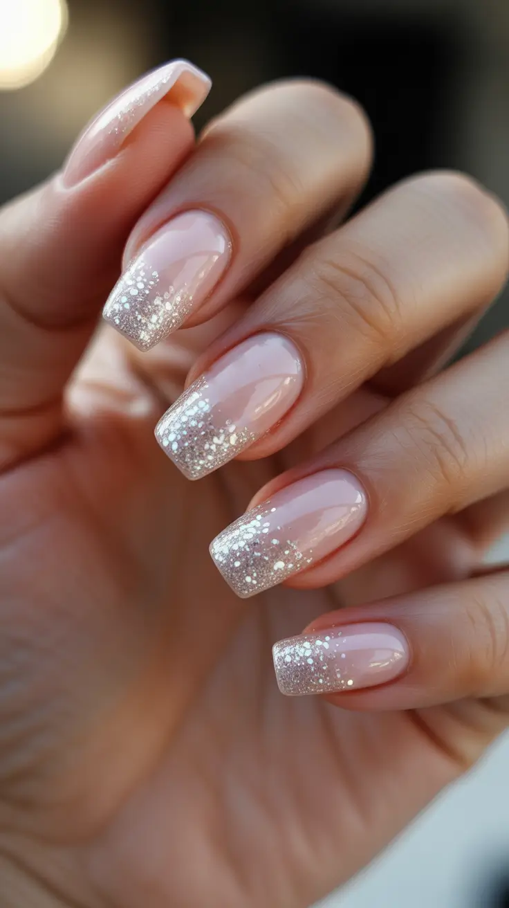wedding nail designs for bride 2026 Pink Base With Silver Glitter Fade Square Tips
