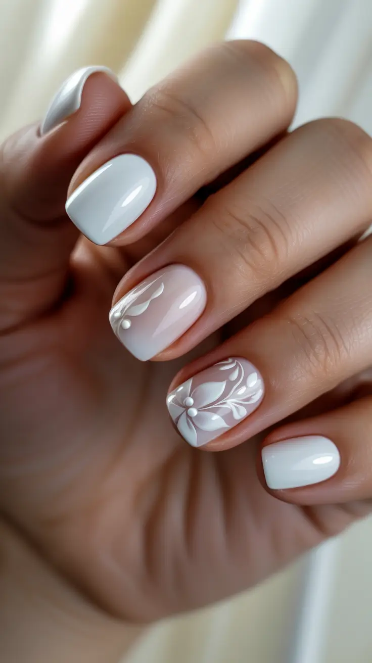 wedding nails for bride White Floral Detail On Short Square Nails