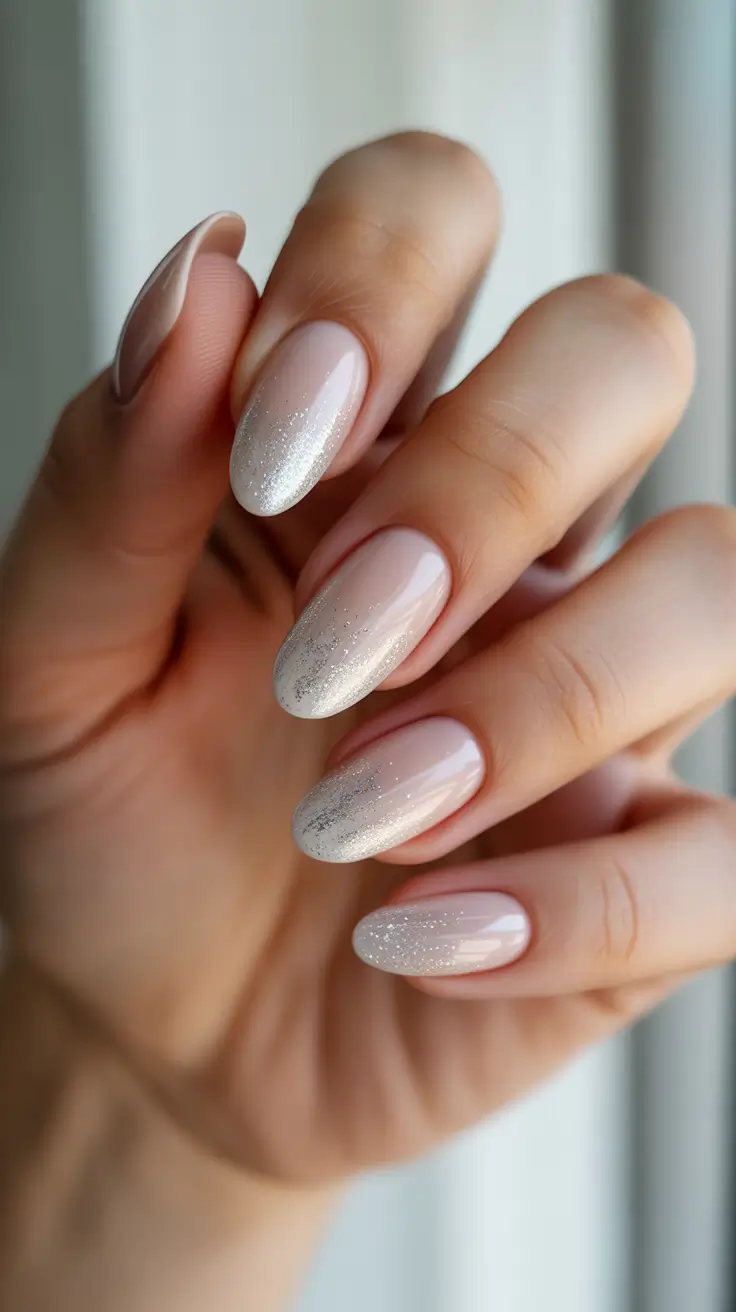 wedding nail designs for bride 2026 Soft Pink Short Oval With Silver Veil Tips