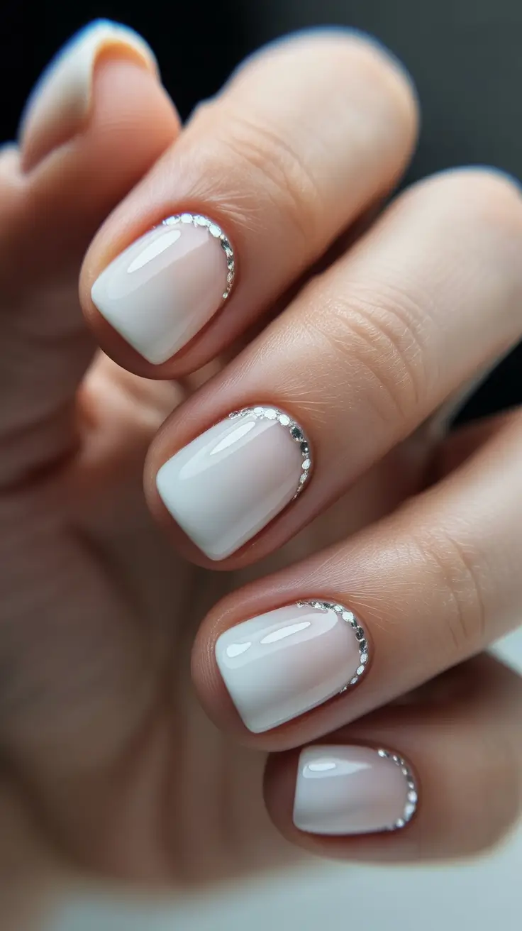 wedding nails for bride Short Crystal Cuticle Detail On Soft White