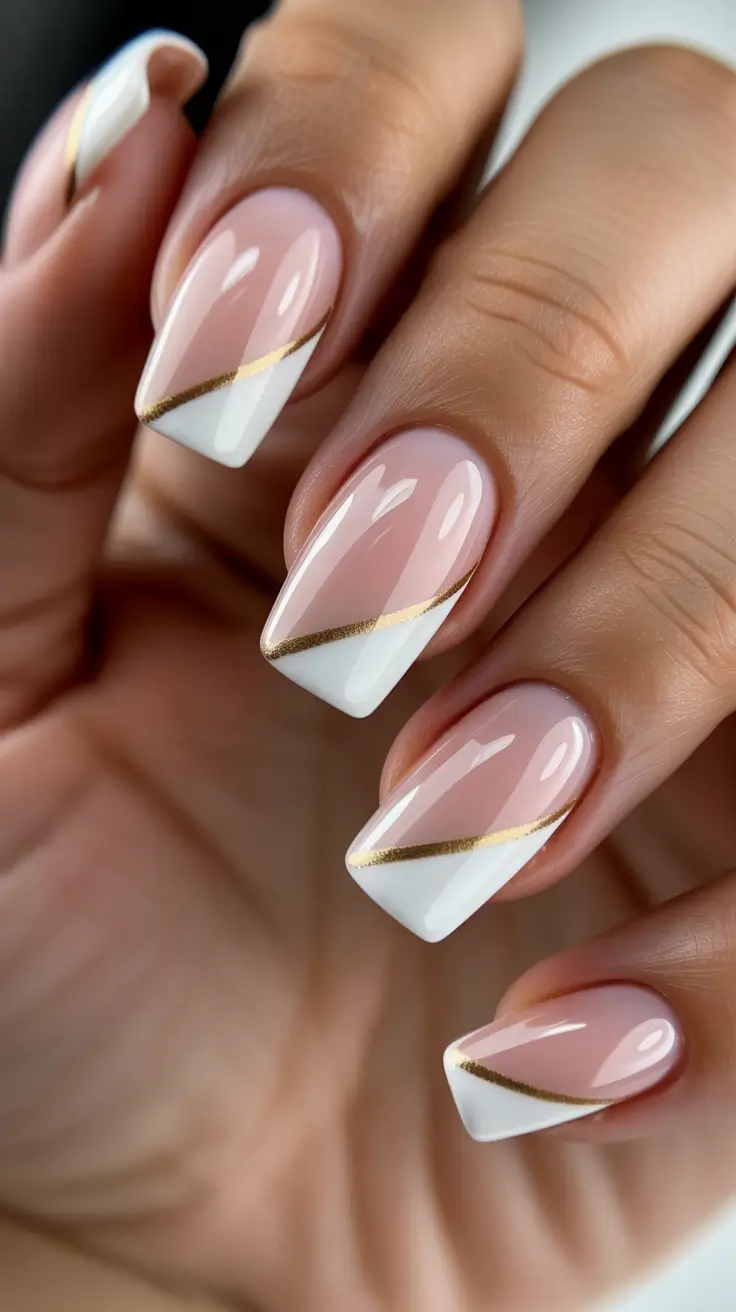wedding nails for bride Diagonal French With Gold Line On Almond Nails