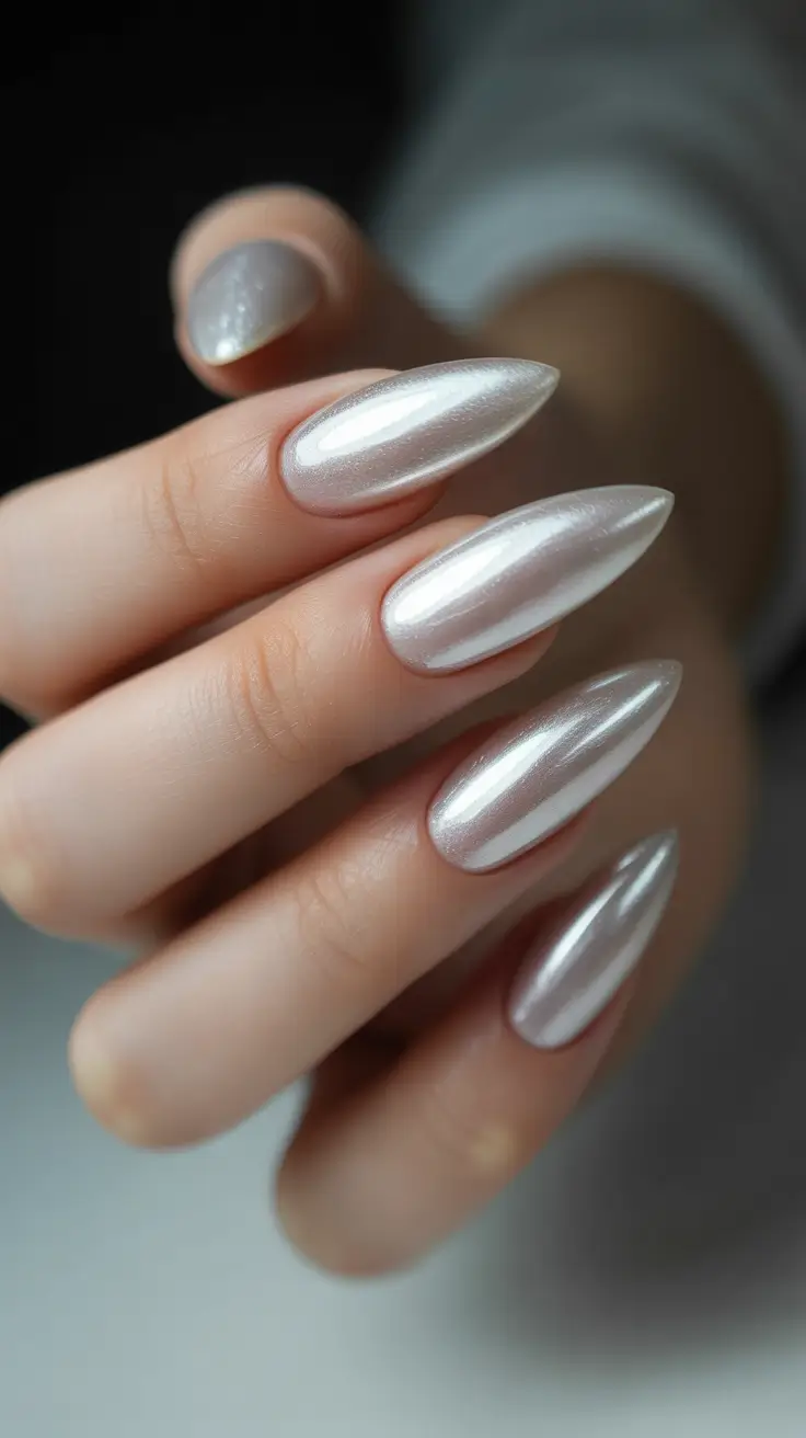 wedding nail designs for bride 2026 Pearl Chrome Almond With Mirror Glow