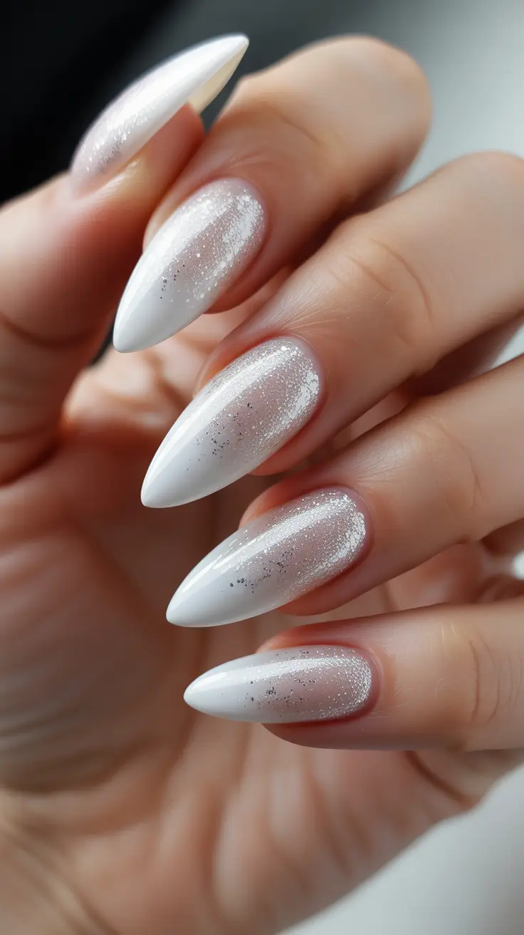 wedding nail designs for bride 2026 Frosted White Stiletto With Soft Glitter Dust