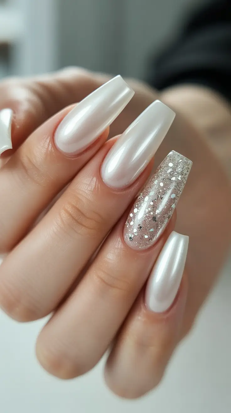 wedding nail designs for bride 2026 Pearly White Square With One Confetti Glitter Accent