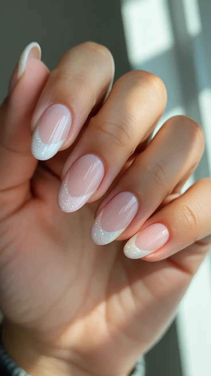 wedding nails for bride - Soft Glitter French Almond For The Ceremony