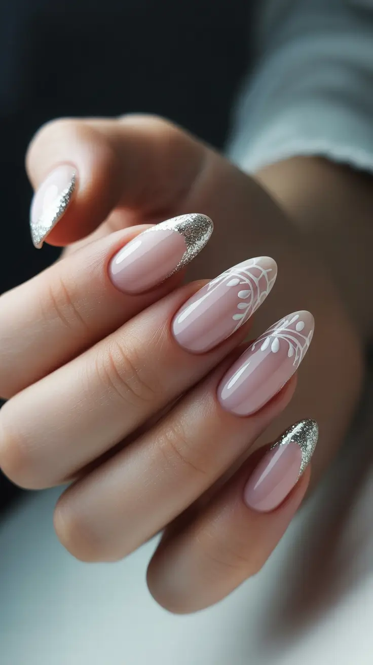 wedding nails for bride - Silver Detailed French With Bridal Nail Art