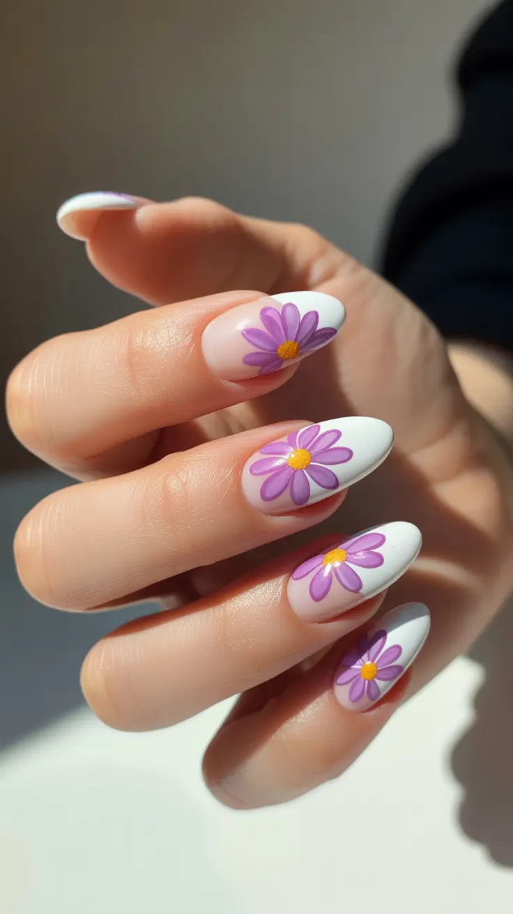 white nails ideas 2026 Daisy French Tips With Lilac Blooms