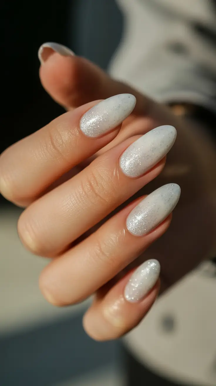 white nails ideas 2026 Pearl Shimmer White Almond Nails For A Clean Glazed Look